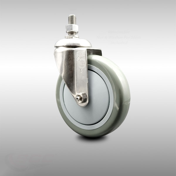 5 Inch 316SS Gray Polyurethane Wheel Swivel 3/8 Inch Threaded Stem Caster SCC